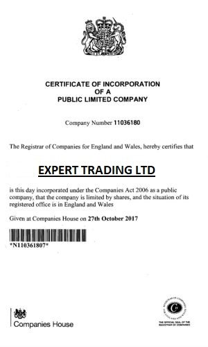 Certificate of Incorporation showing Elite Trading Ltd, company number 11036180, registered in England and Wales on 27 October 2017